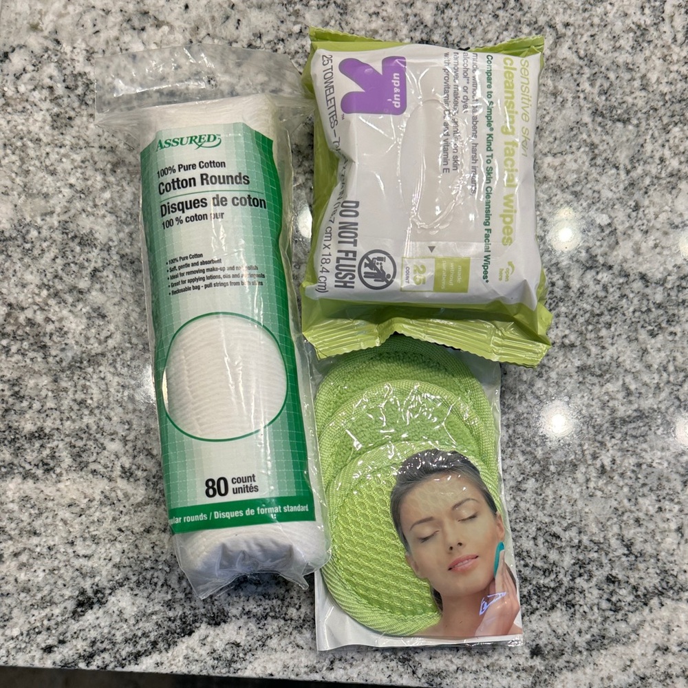Cotton Rounds, sensitive skin facial Wipes, and microfiber facial pads